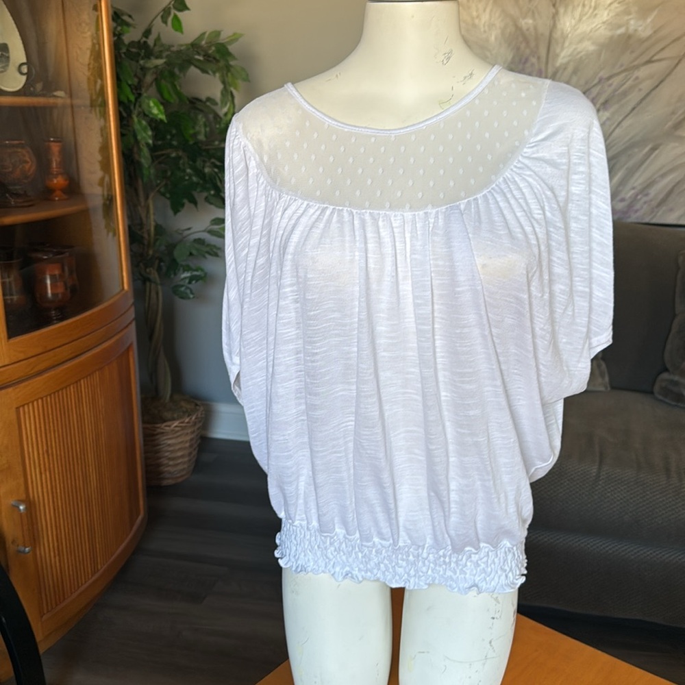 Ladies short angel wing top with sheer design
